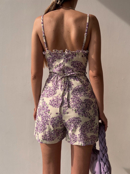 Floral Pleated Rope Drawstring Waist Romper